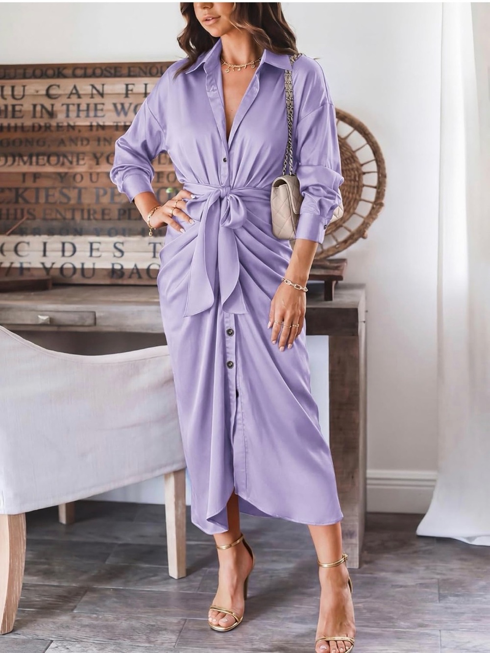 BTFBM Lavender Button Front Belted Midi Dress